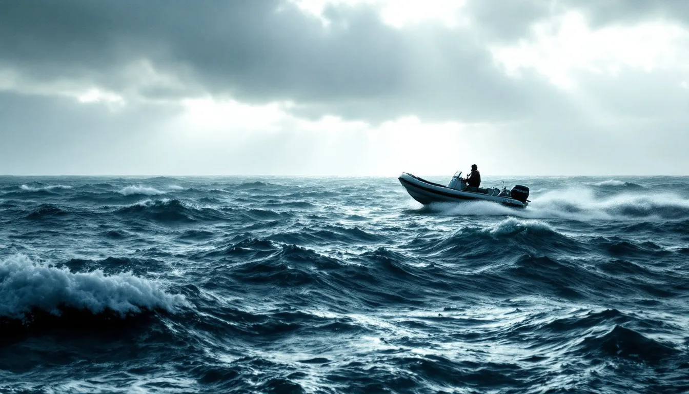 A powerful RIB boat cutting through stormy waters on the Great Lakes